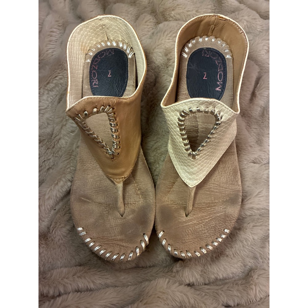 Modzori Reversible Wedge Sandals Tan Cream Snakeskin Metallic Whipstitch Size 7